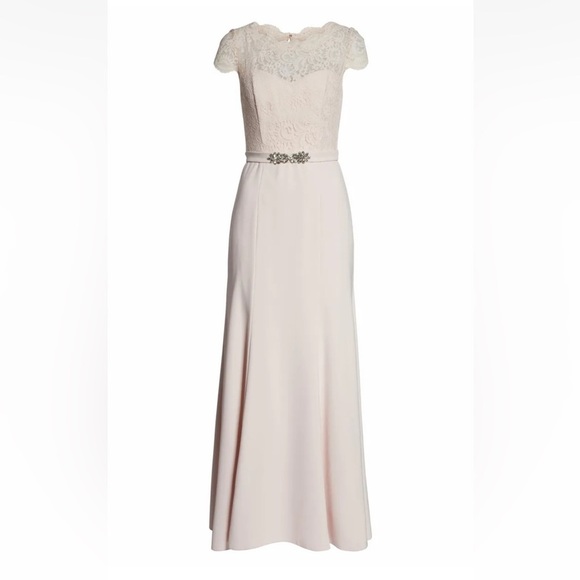 JENNY PACKHAM LACE & CREPE COLUMN GOWN IN BLUSH SIZE 10